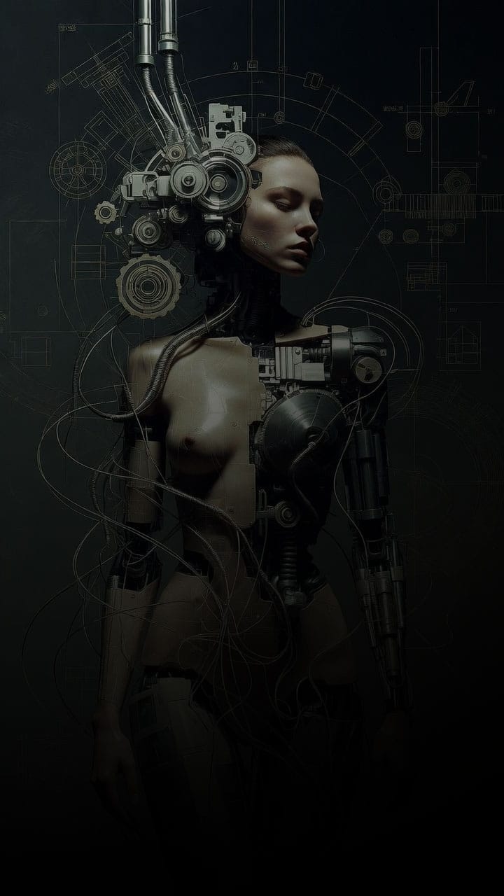 A woman rendered as an intricate machine — the build